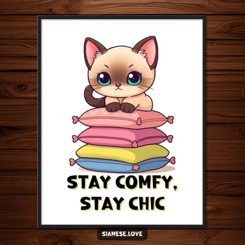 Funny Free Printable Wall Art: A Siamese cat delicately perches on a stack of colorful cushions, exuding sophisticated charm.