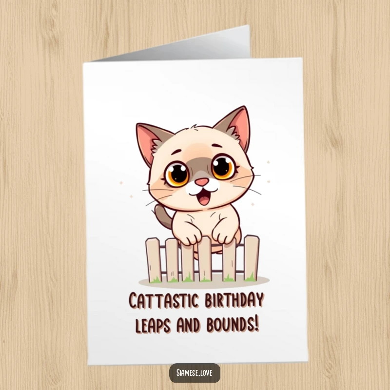 Funny Free Printable Birthday Card: Surprised Siamese cat mid-air, eyes wide, clearing a fence with comic shock.