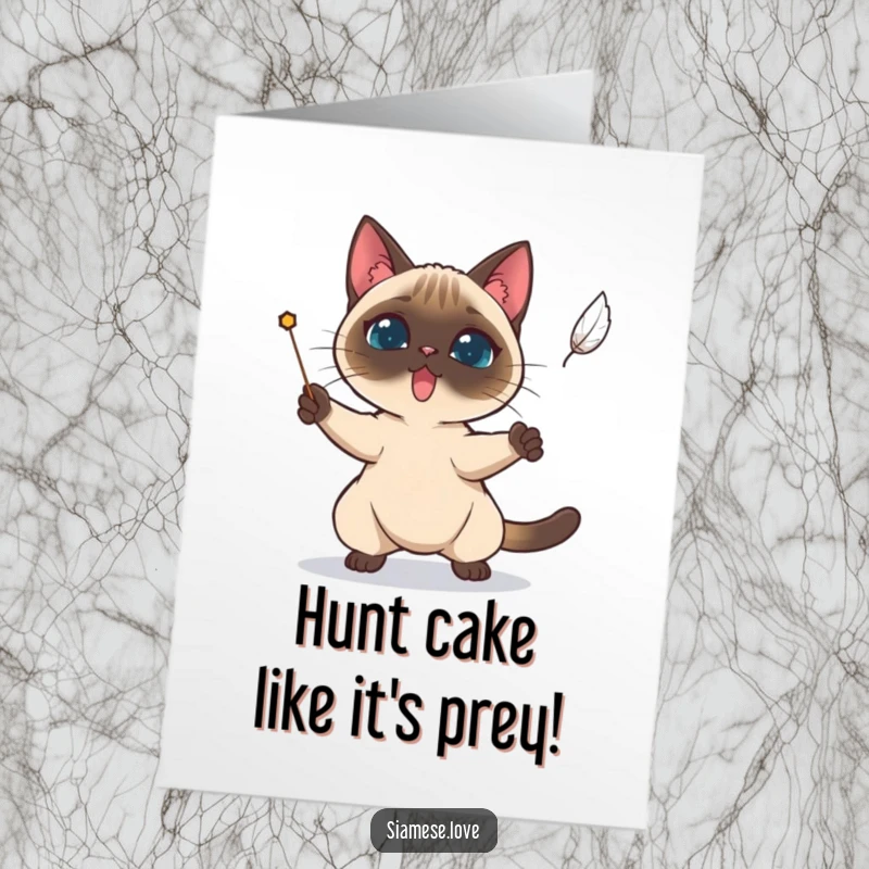 Funny Free Printable Birthday Card: Determined Siamese cat focused on catching a falling feather, with sheer will.