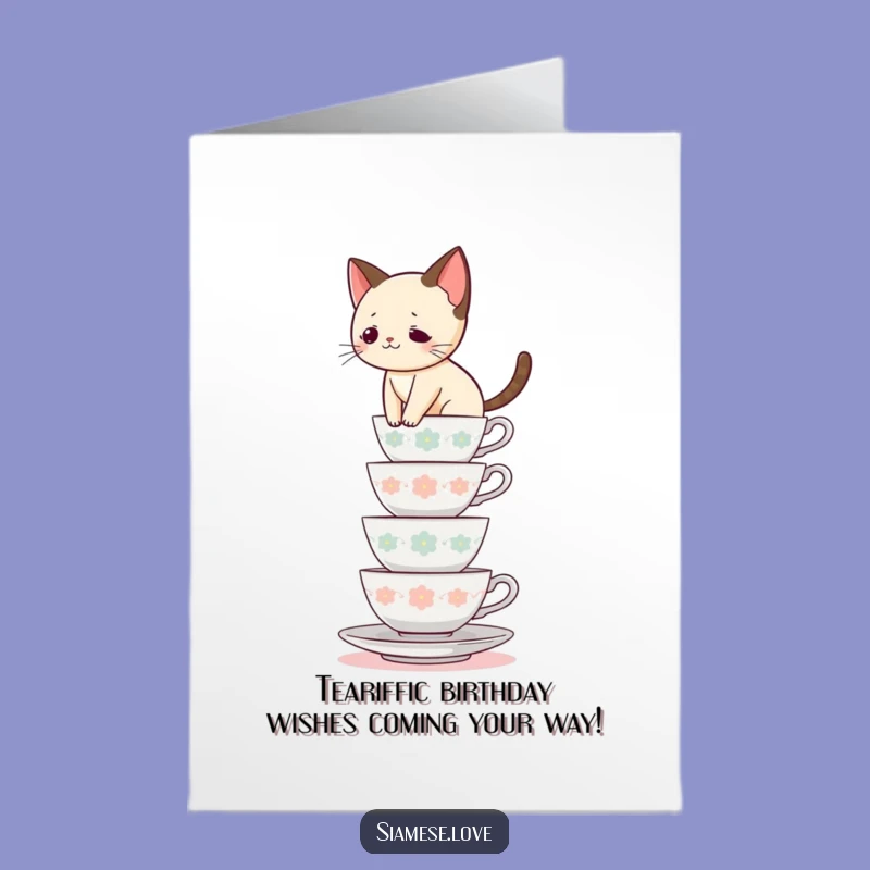 Free Printable Birthday Card: Funny Siamese Cat Teacup Balance, Hilarious Downloadable Gift
