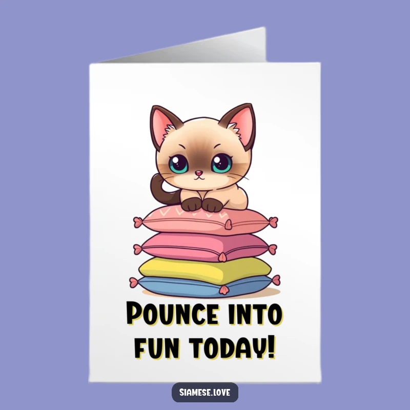 Free Printable Birthday Card: Siamese Cat on Cushions, Funny Downloadable Gift