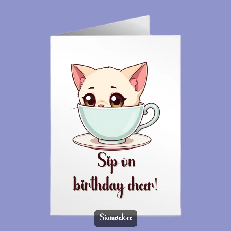Free Printable Siamese Cat Birthday Card: Curious Teacup Peek Feline Downloadable Gift