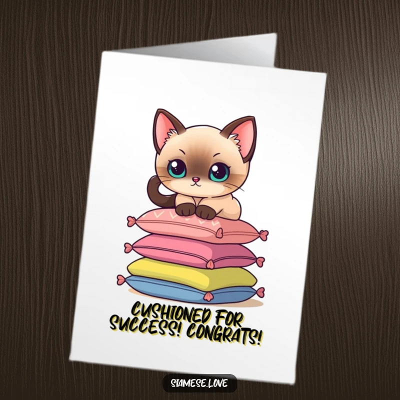 Funny Free Printable Congratulations Card: A Siamese cat sits regally on colorful cushions, celebrating your accomplishment.