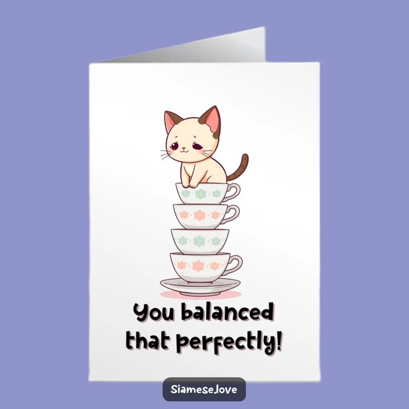 Free Printable Congrats Card: Siamese Cat Teacup Triumph, Humorous Downloadable Achievement Gift