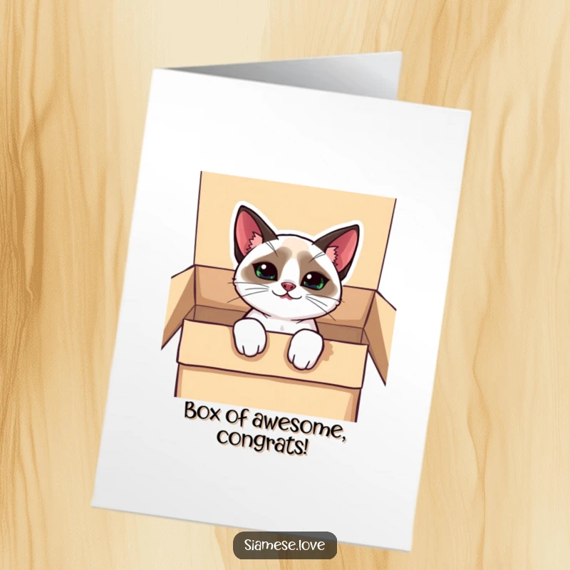 Funny Free Printable Congratulations Card featuring a cute kawaii Siamese cat with a mischievous grin peeking from a gift box.