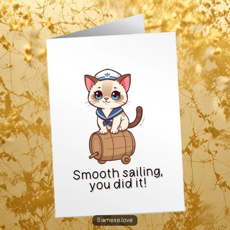 Funny Free Printable Congrats Card: A kawaii sailor cat triumphantly balancing on a barrel, celebrating a big win.