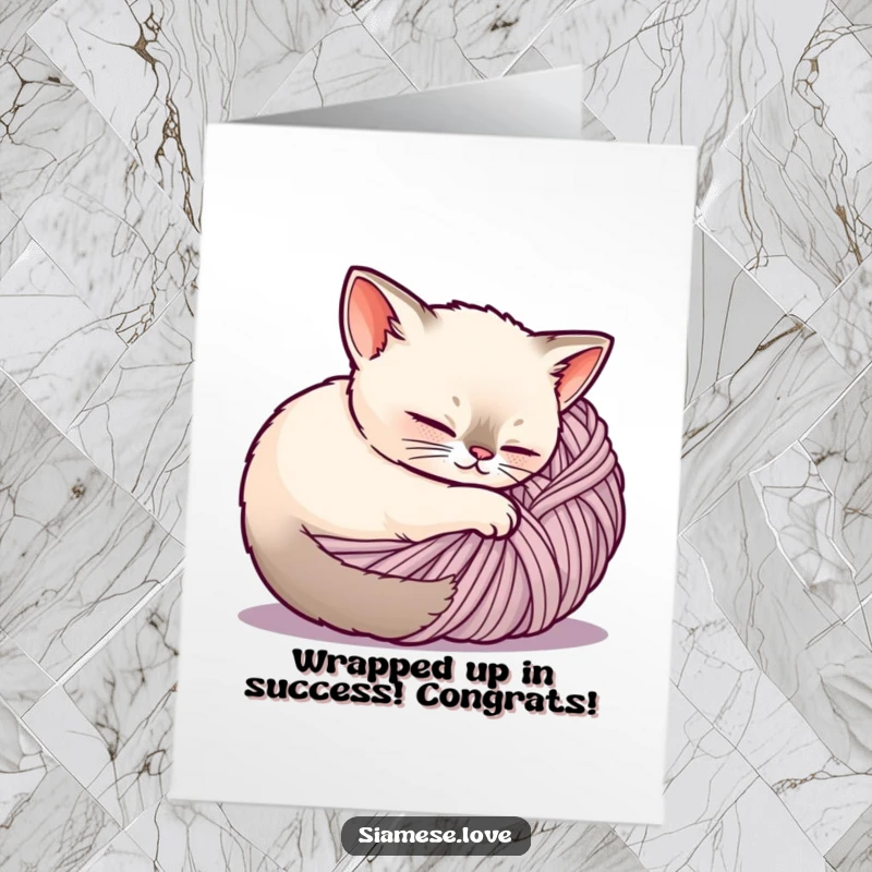 Cute Free Printable Congratulations Card: A content Siamese cat nestled in a yarn ball, expressing happiness for an achievement.