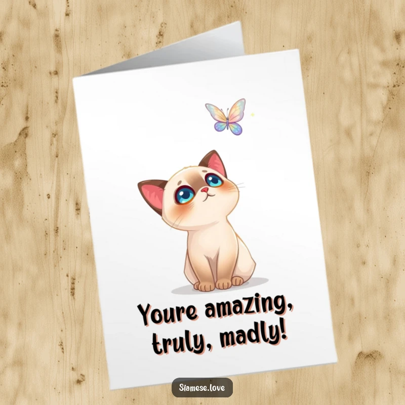 Funny Free Printable Congratulations Card: Siamese cat captivated by the beauty of a hovering, sparkling butterfly.