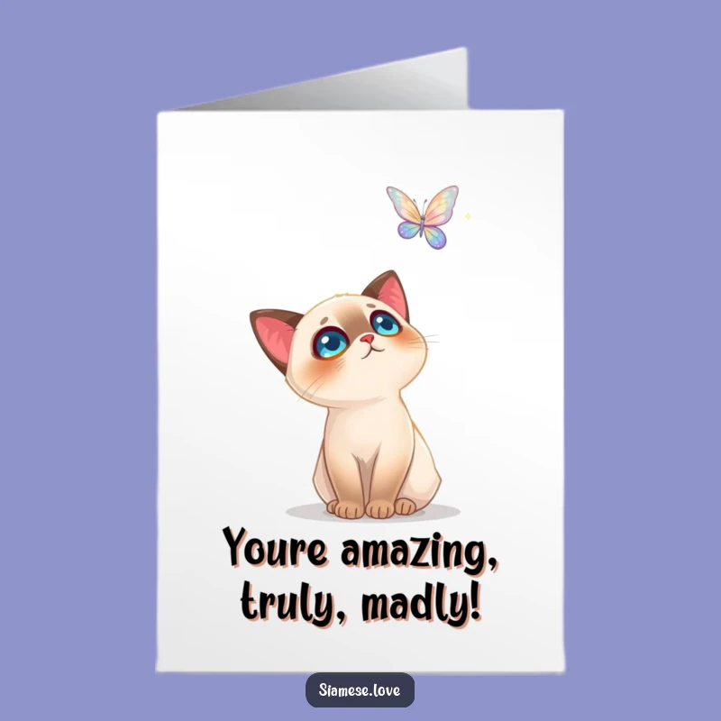 Free Printable Congrats Card: Siamese Cat Amazed by Butterfly, Funny Downloadable Gift