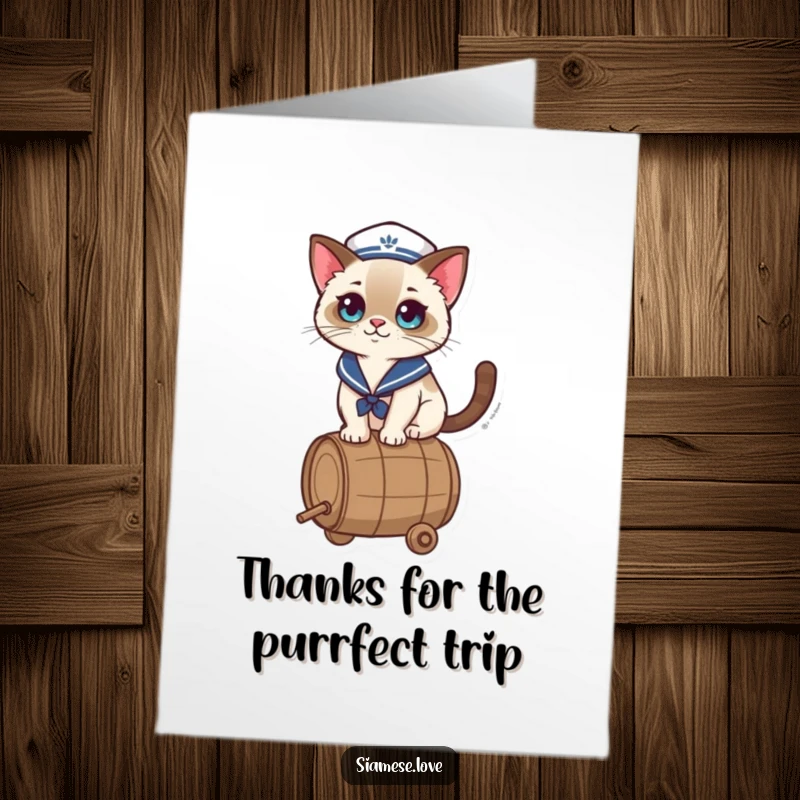 Funny Free Printable Thank You Card: A cute sailor cat balancing on a barrel, conveying thanks with a charming wobble.