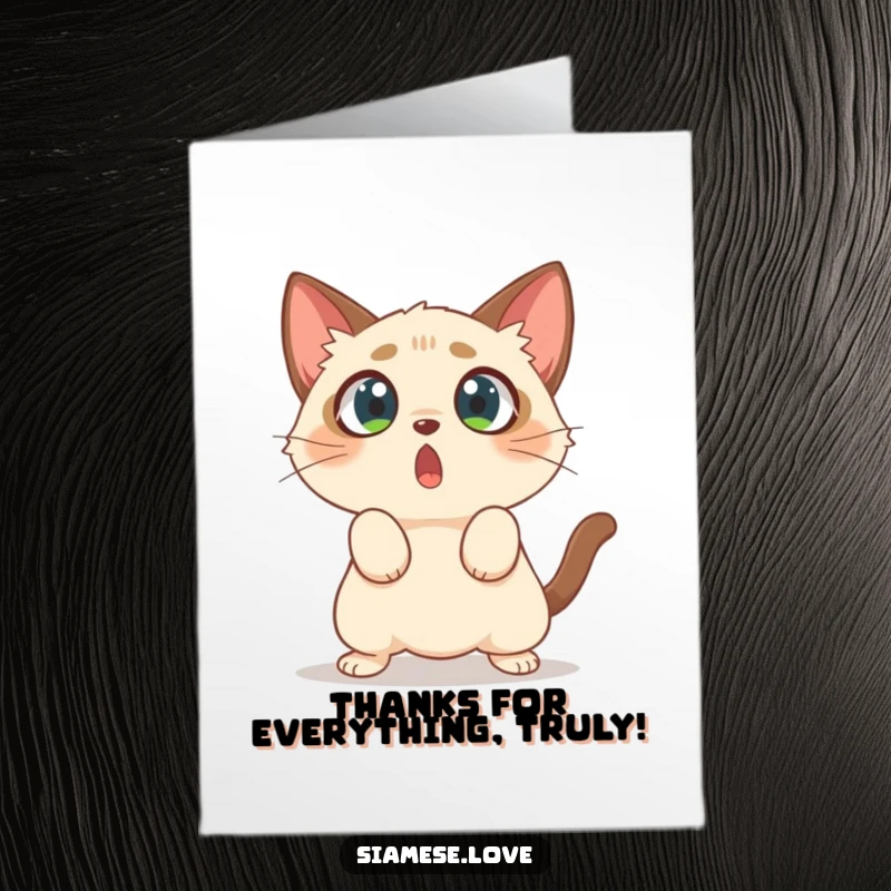 Funny Free Printable Siamese cat character with wide eyes, caught mid-pounce in a surprised expression for thanks.