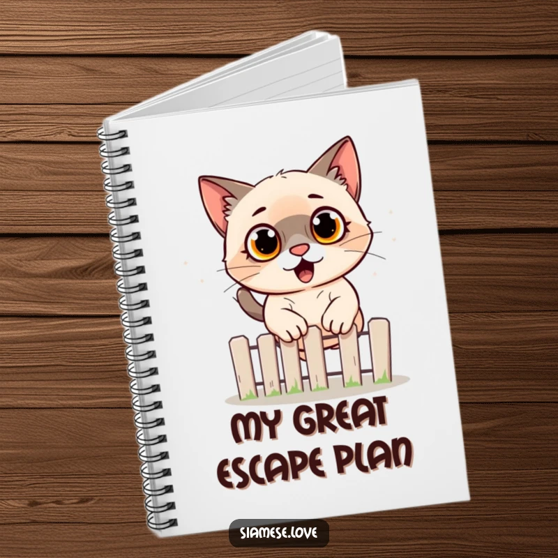 Funny Siamese cat notebook cover art depicting a startled feline jumping over a fence, ideal for journaling with humor.