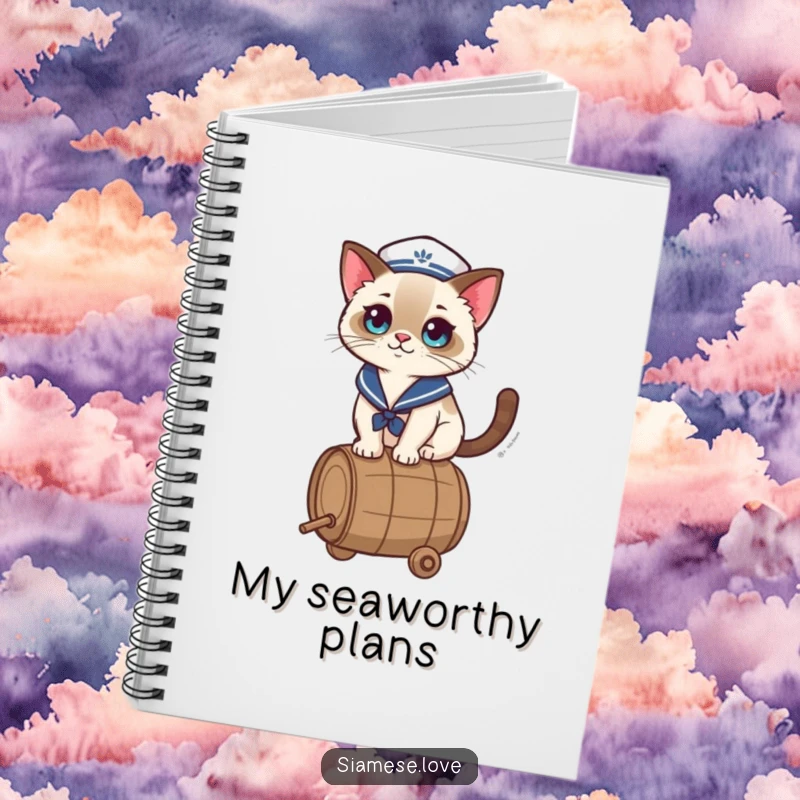 Funny Notebook with a kawaii Siamese cat in a sailor hat, balancing on a barrel, ideal for jotting down notes with nautical humor.