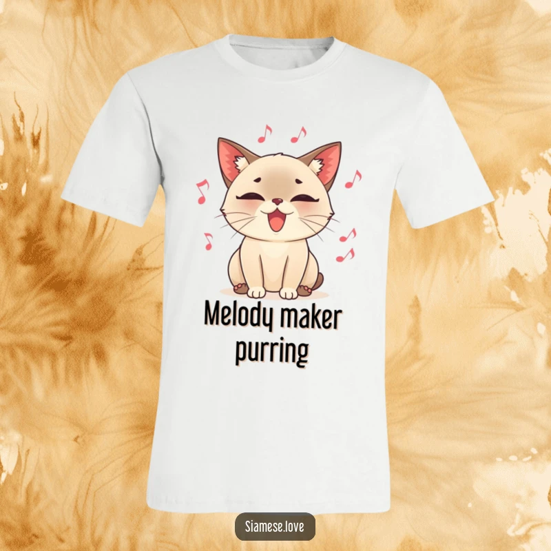 Funny Siamese cat t-shirt, a content feline purring loudly, enveloped by cheerful floating musical notes, a harmonious and delightful design.
