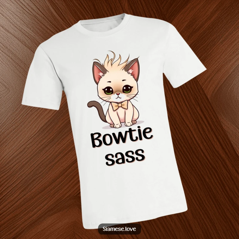 Funny t-shirt depicting a Siamese cat character in a tiny bow tie performing a sassy, dramatic hair flip with confidence.