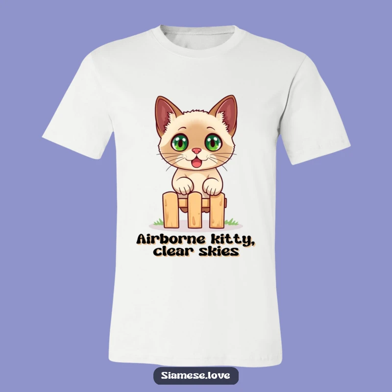 Funny Siamese Cat Jumping Fence T-Shirt - Expressive Pet Humor Tee