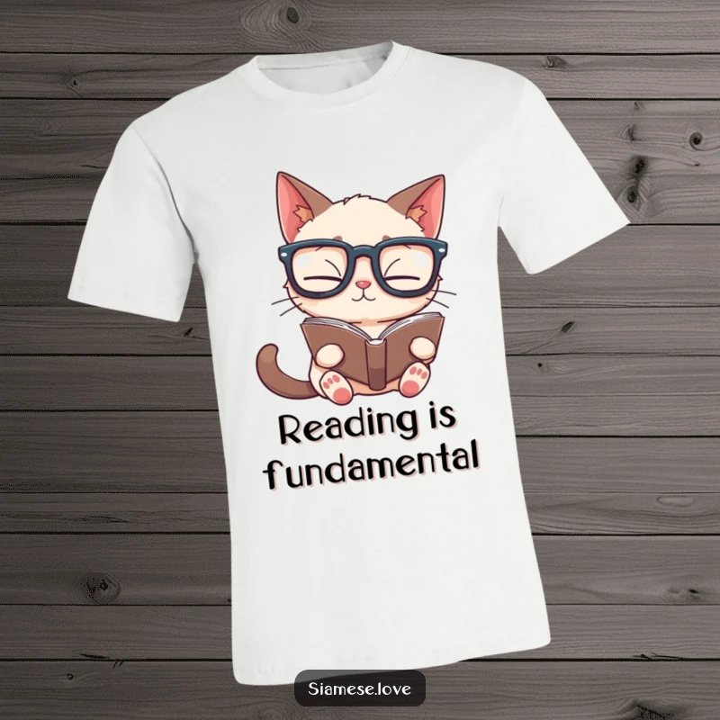 Funny Siamese cat t-shirt of a feline wearing large glasses, attempting to read a book that is upside down, a humorous design.