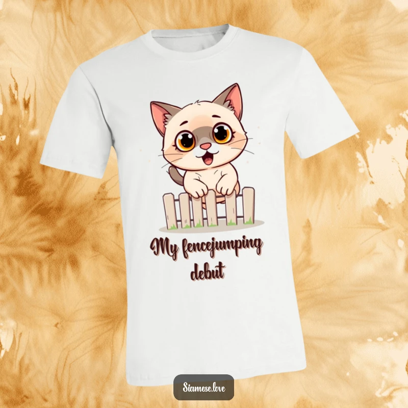 Funny Siamese cat t-shirt depicting a wide-eyed feline startled while jumping over a small fence, a humorous pet-themed design.