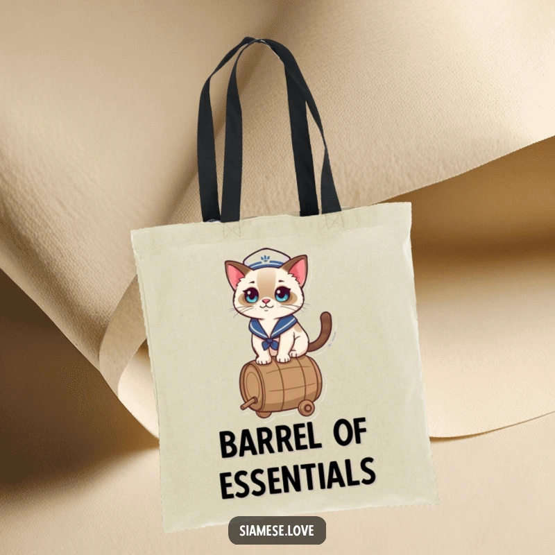 Funny Tote Bag with a kawaii Siamese cat in a sailor hat, balancing on a barrel, perfect for carrying items with seafaring charm.