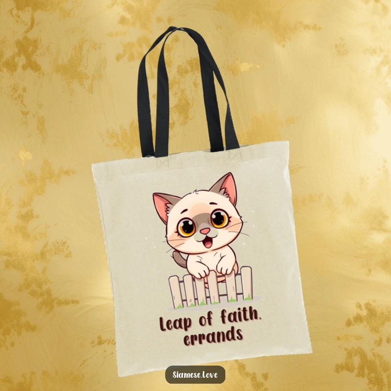 Funny Siamese cat tote bag illustrating a surprised feline mid-air, jumping over a fence, a comical and practical accessory.
